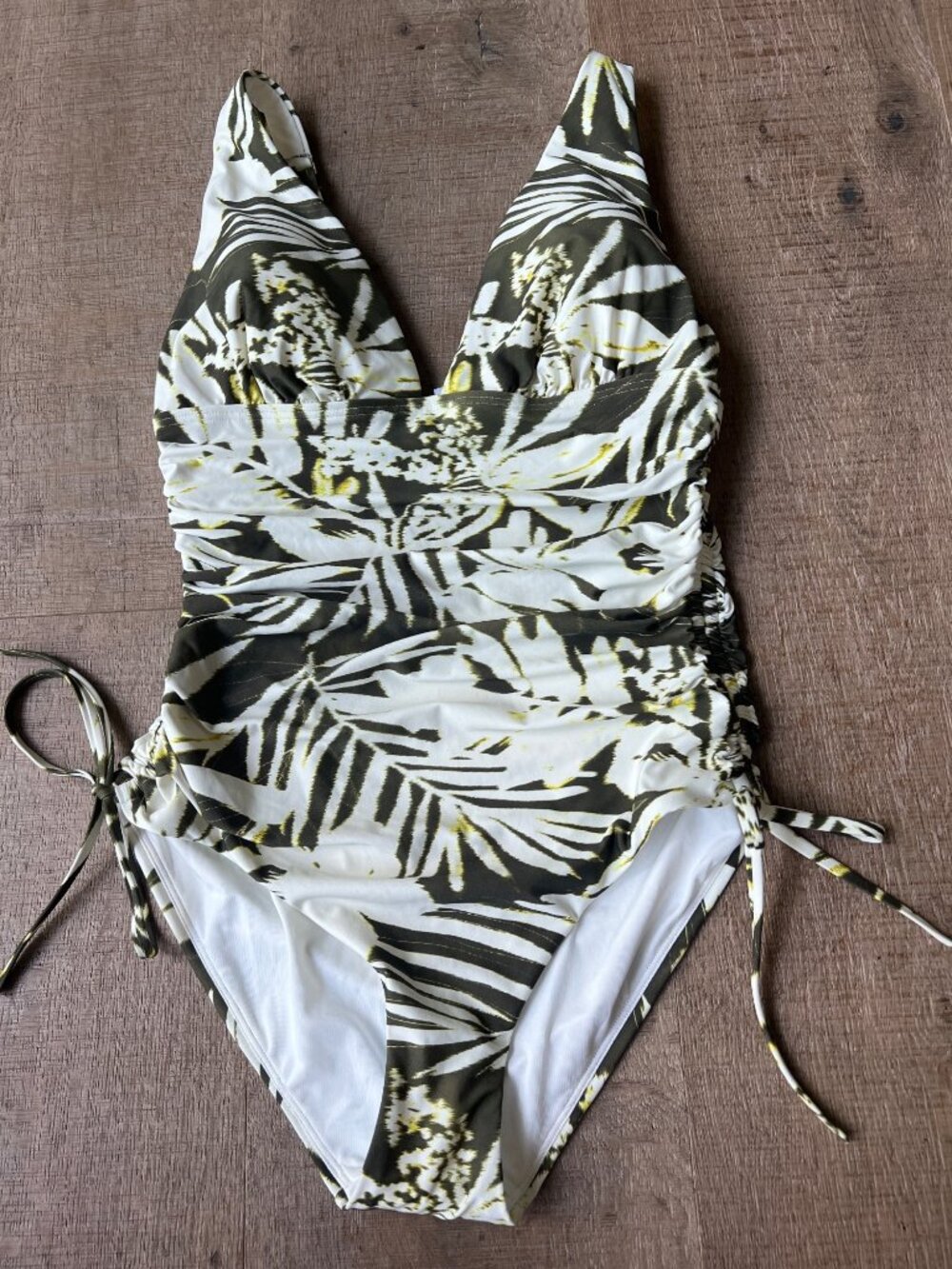 DKNY Tiki Floral Shirred Side Tie Plunge One Piece Swimsuit size M - Picture 4 of 7